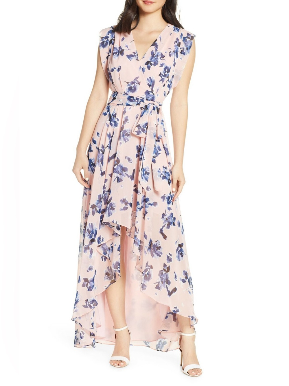 Eliza J Faux Wrap Chiffon Maxi Dress Floral Pink Blue Size 18